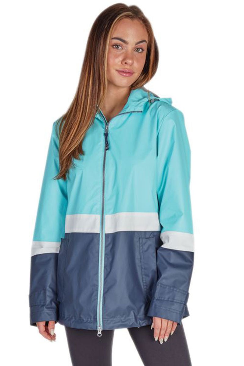 Charles River Aqua and Navy Colorblock New Englander Rain Jacket