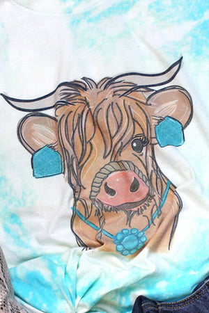 Bleached Fancy Turquoise Cow Tri-Blend Crew Tee - Wholesale Accessory Market
