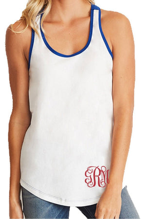 Next Level Ladies' Colorblock Racerback Tank, White/Royal *Personalize It! - Wholesale Accessory Market