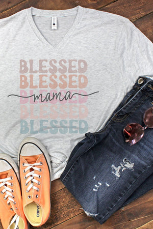 Blessed Mama Stacked Tri-Blend V Neck Tee - Wholesale Accessory Market