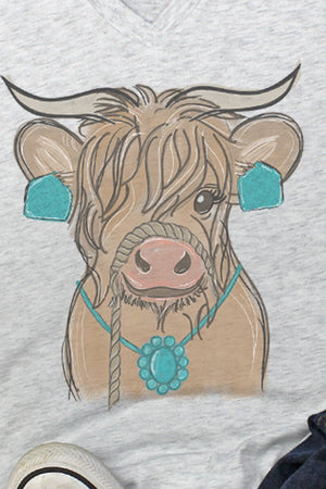 Fancy Turquoise Cow Tri-Blend V Neck Tee - Wholesale Accessory Market