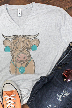 Fancy Turquoise Cow Tri-Blend V Neck Tee - Wholesale Accessory Market