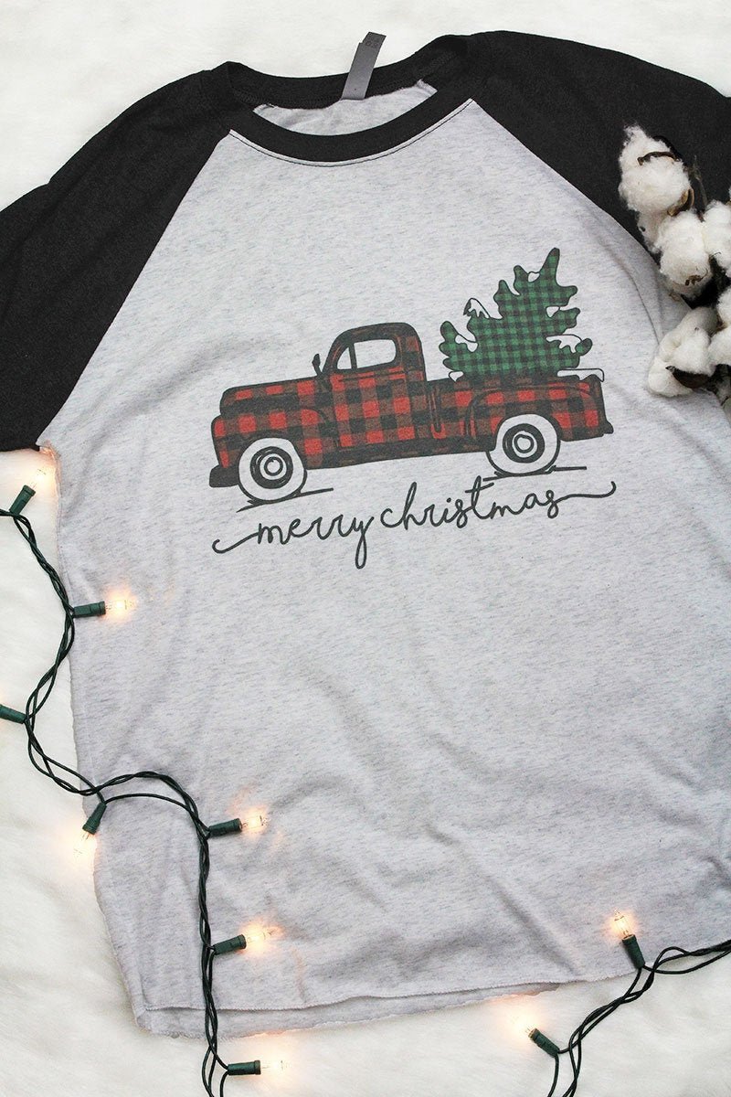 Merry Christmas Buffalo Plaid Truck Tri-Blend Unisex 3/4 Raglan - Wholesale Accessory Market