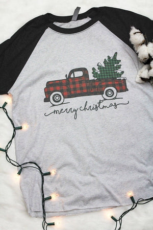 Merry Christmas Buffalo Plaid Truck Tri-Blend Unisex 3/4 Raglan - Wholesale Accessory Market