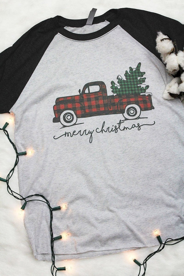 Merry Christmas Buffalo Plaid Truck Tri-Blend Unisex 3/4 Raglan - Wholesale Accessory Market