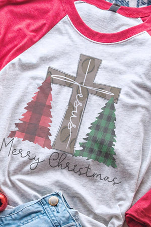 Cross Trees Merry Christmas Jesus Tri-Blend Unisex 3/4 Raglan - Wholesale Accessory Market