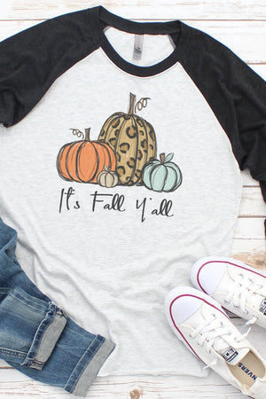 It's Fall Y'all Leopard Pumpkin Trio Tri-Blend Unisex 3/4 Raglan - Wholesale Accessory Market