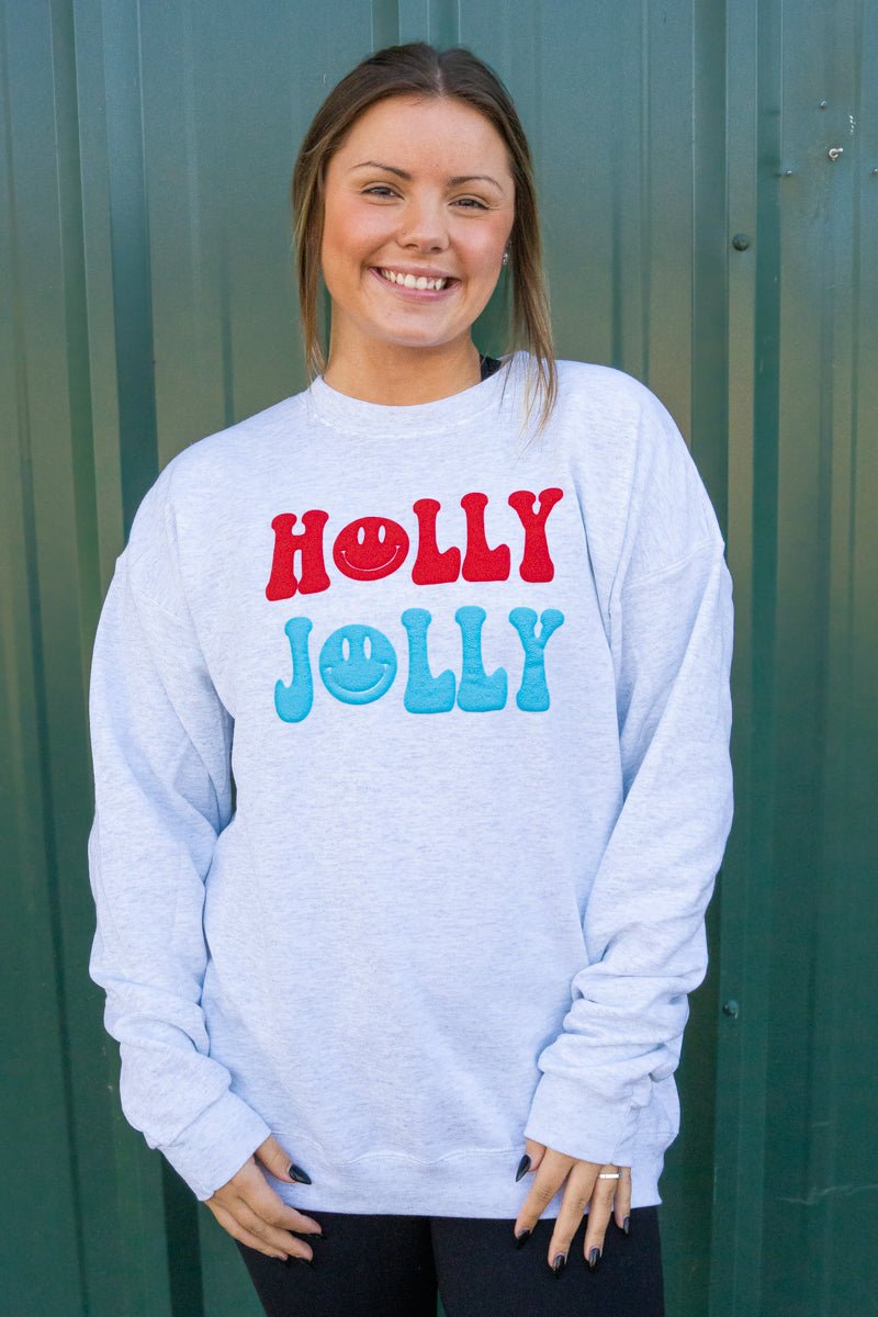 Holly Jolly Happy Face Puff Vinyl Ecosmart Crewneck Sweatshirt - Wholesale Accessory Market