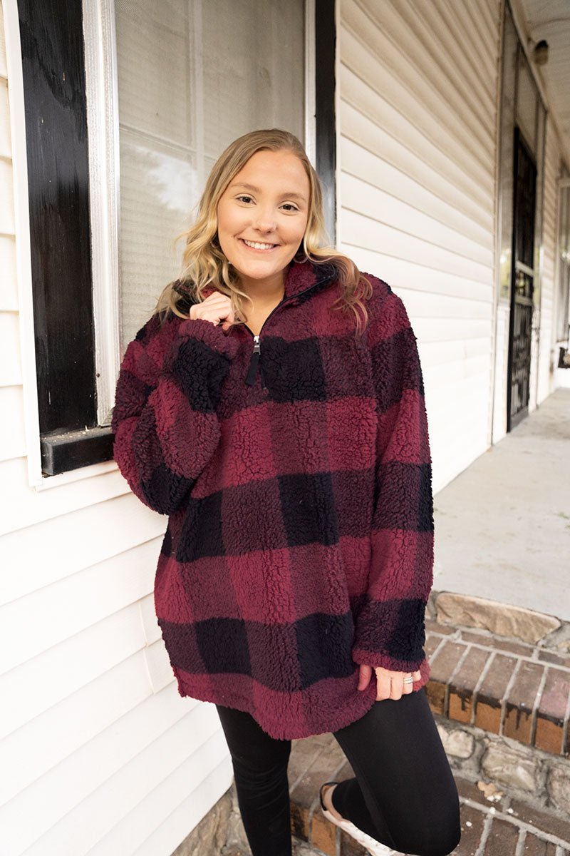 Boxercraft Garnet and Black Plaid Sherpa Quarter Zip Pullover