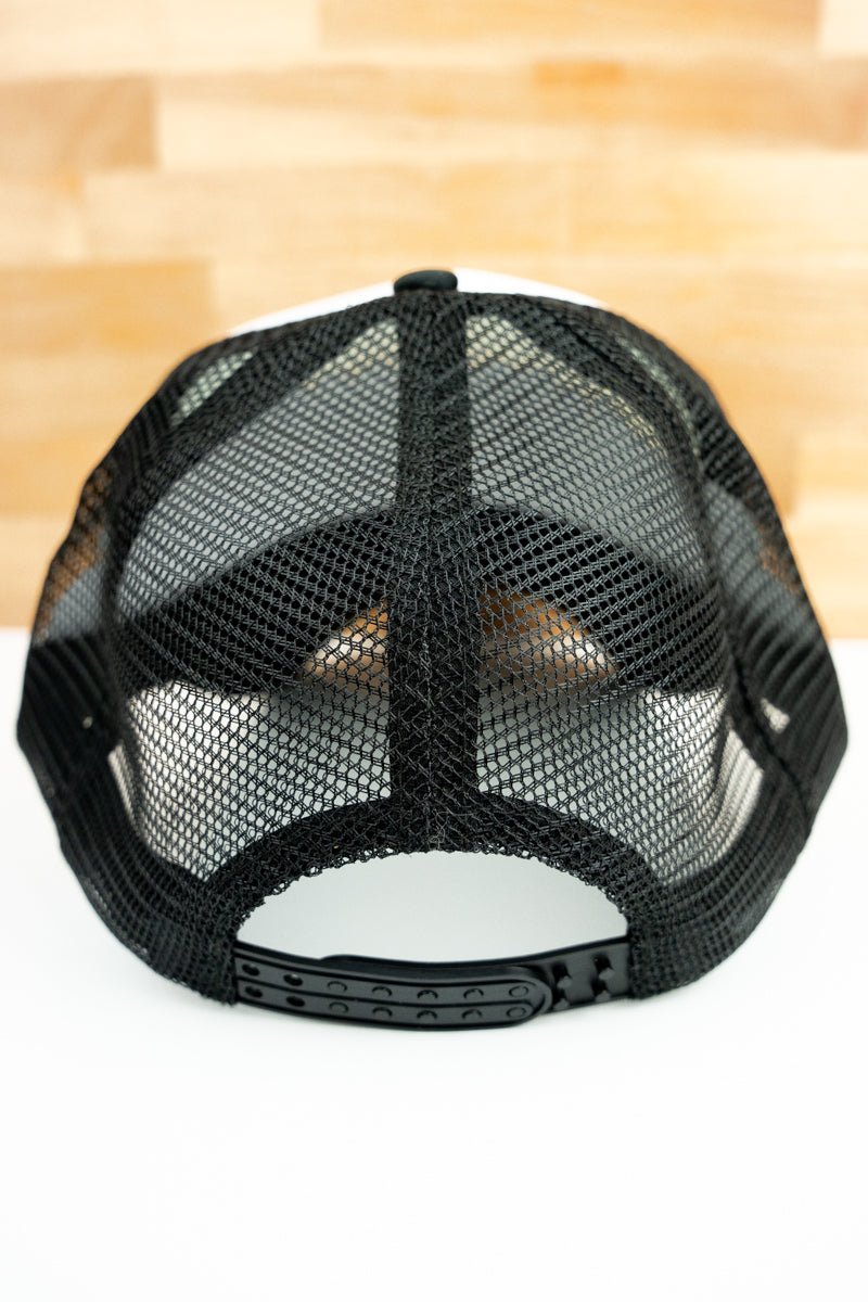 Chenille Happy Face White and Black Foam Mesh Back Trucker Cap - SHIPS ASSORTED - Wholesale Accessory Market