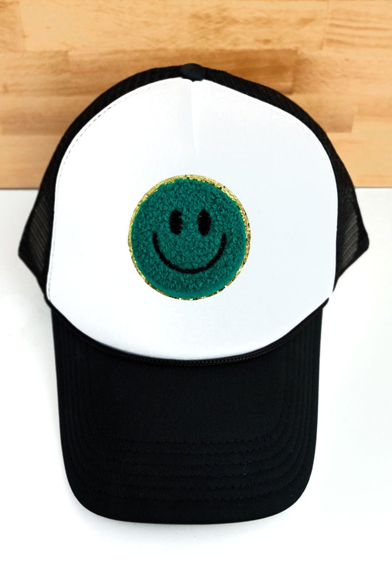 Chenille Happy Face White and Black Foam Mesh Back Trucker Cap - SHIPS ASSORTED - Wholesale Accessory Market
