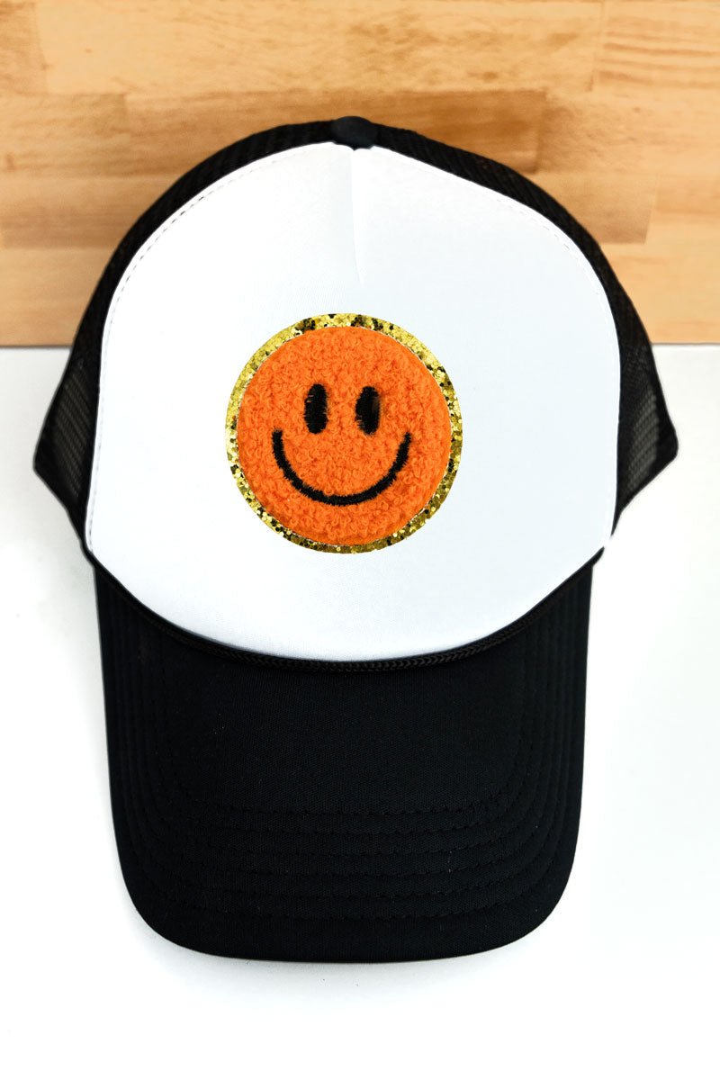 Chenille Happy Face White and Black Foam Mesh Back Trucker Cap - SHIPS ASSORTED - Wholesale Accessory Market