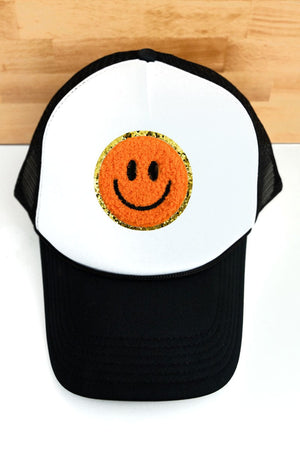 Chenille Happy Face White and Black Foam Mesh Back Trucker Cap - SHIPS ASSORTED - Wholesale Accessory Market