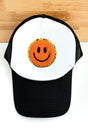 Chenille Happy Face White and Black Foam Mesh Back Trucker Cap - SHIPS ASSORTED - Wholesale Accessory Market