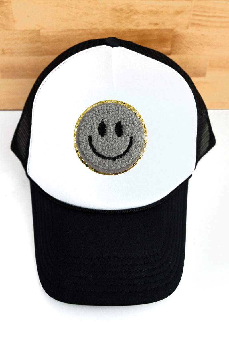 Chenille Happy Face White and Black Foam Mesh Back Trucker Cap - SHIPS ASSORTED - Wholesale Accessory Market