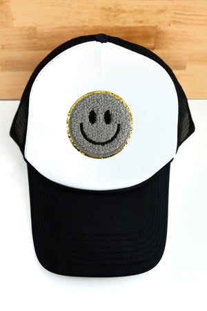 Chenille Happy Face White and Black Foam Mesh Back Trucker Cap - SHIPS ASSORTED - Wholesale Accessory Market