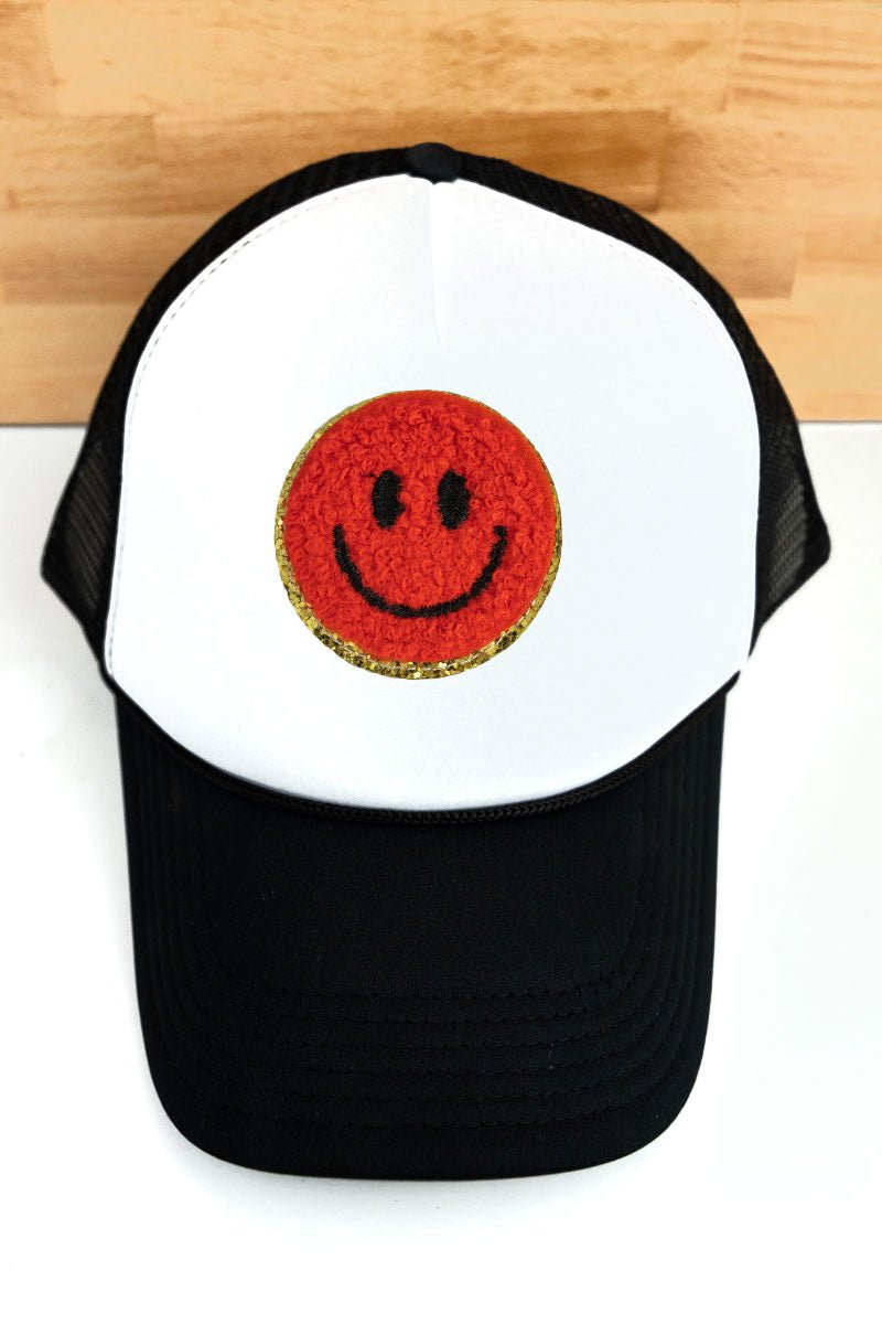 Chenille Happy Face White and Black Foam Mesh Back Trucker Cap - SHIPS ASSORTED - Wholesale Accessory Market