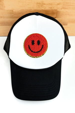 Chenille Happy Face White and Black Foam Mesh Back Trucker Cap - SHIPS ASSORTED - Wholesale Accessory Market