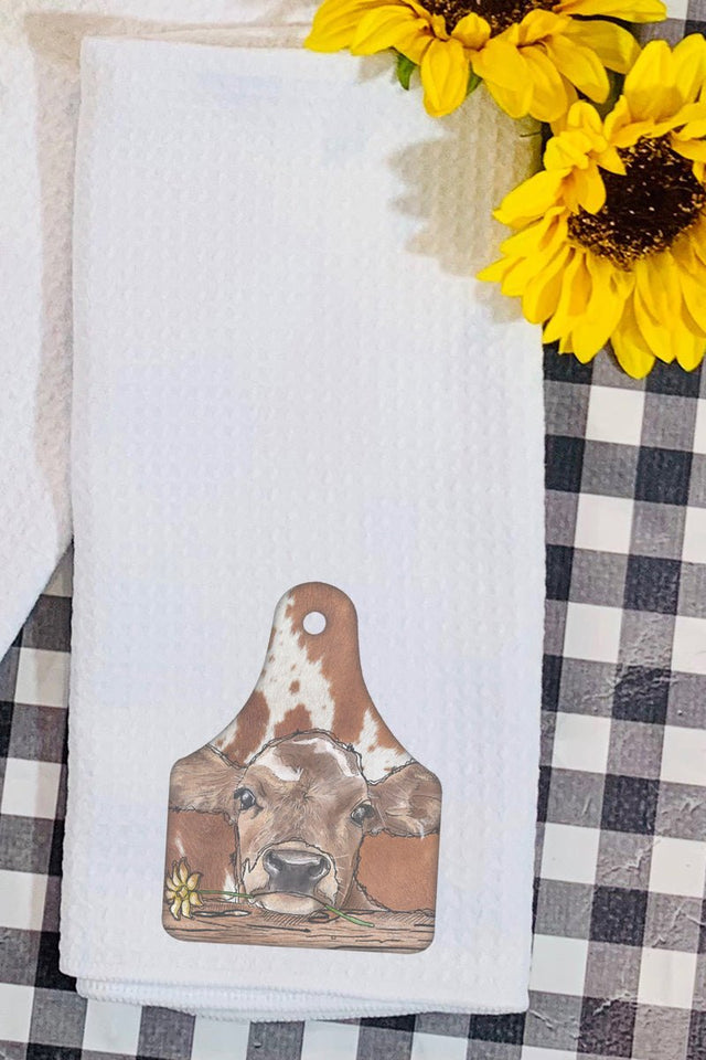 Henrietta Brown Cow Tag Waffle Kitchen Towel - Wholesale Accessory Market
