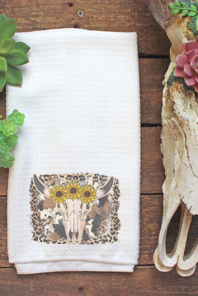Sunflower Bull Skull Leopard Waffle Kitchen Towel - Wholesale Accessory Market