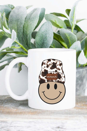 Cowhide Beanie Mama Happy Face White Mug - Wholesale Accessory Market