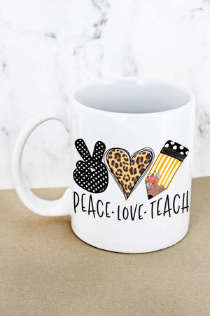 Doodle Peace Love Teach Leopard White Mug - Wholesale Accessory Market