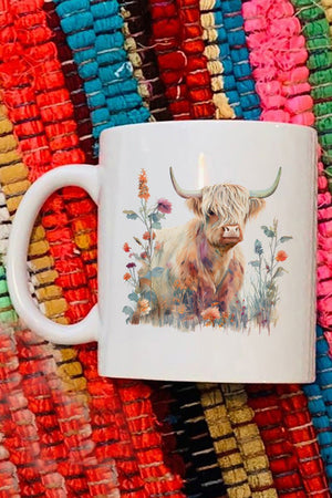Floral Highland Cow White Mug - Wholesale Accessory Market