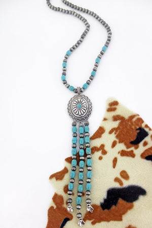 SALE! Turquoise Corrales Concho Bead Tassel Pendant Necklace - Wholesale Accessory Market