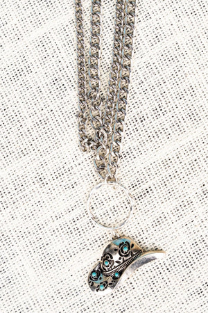 Turquoise Floral Hat Layered Silvertone Necklace - Wholesale Accessory Market