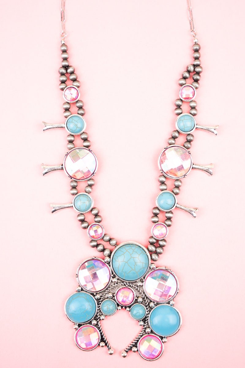 Turquoise and Crystal Madison Heights Squash Blossom Necklace Wholesale Accessory Market
