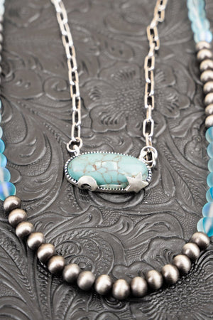 Layered Turquoise Cosmic Western Moon and Star Silvertone Necklace - Wholesale Accessory Market