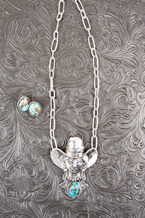 Rancher Min Turquoise Silvertone Necklace and Earring Set - Wholesale Accessory Market