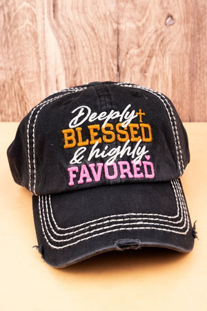 Distressed Black 'Deeply Blessed & Highly Favored' Cap - Wholesale Accessory Market