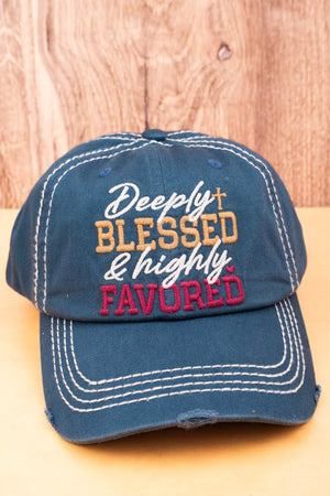 Distressed Blue 'Deeply Blessed & Highly Favored' Cap - Wholesale Accessory Market