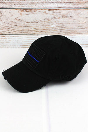 Distressed Black Subdued Flag with Blue Stripe Tactical Operator Cap - Wholesale Accessory Market