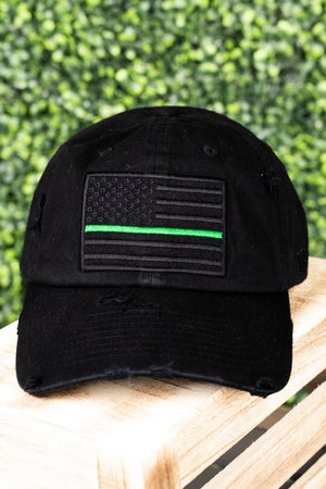 Distressed Black Subdued Flag with Green Stripe Tactical Operator Cap - Wholesale Accessory Market