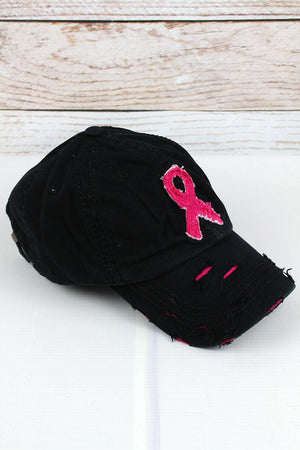 Distressed Black with Pink Ribbon Cap - Wholesale Accessory Market