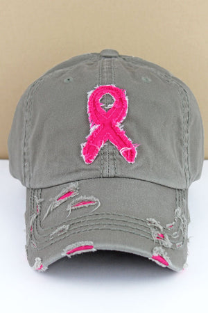 Distressed Steel Gray with Pink Ribbon Cap - Wholesale Accessory Market