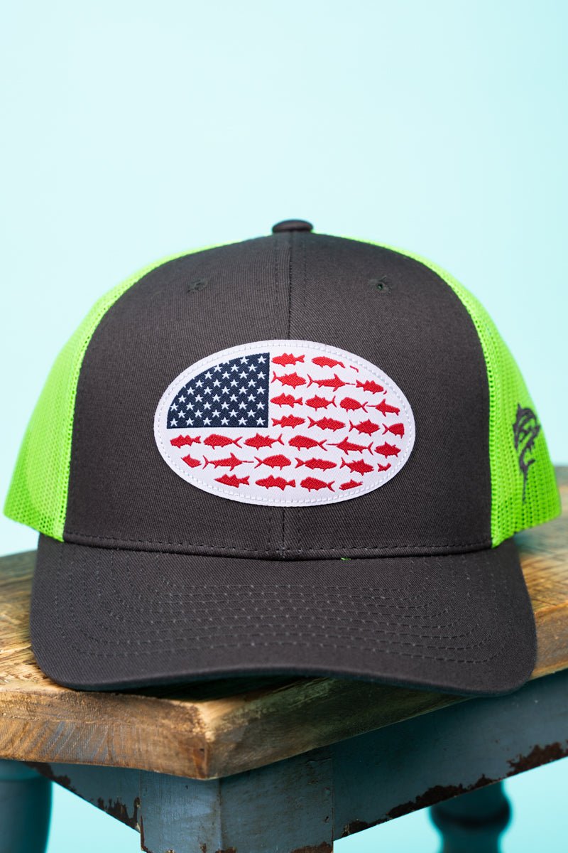 Dark Gray and Neon Green USA Fish Flag Mesh Cap | Wholesale Accessory Market