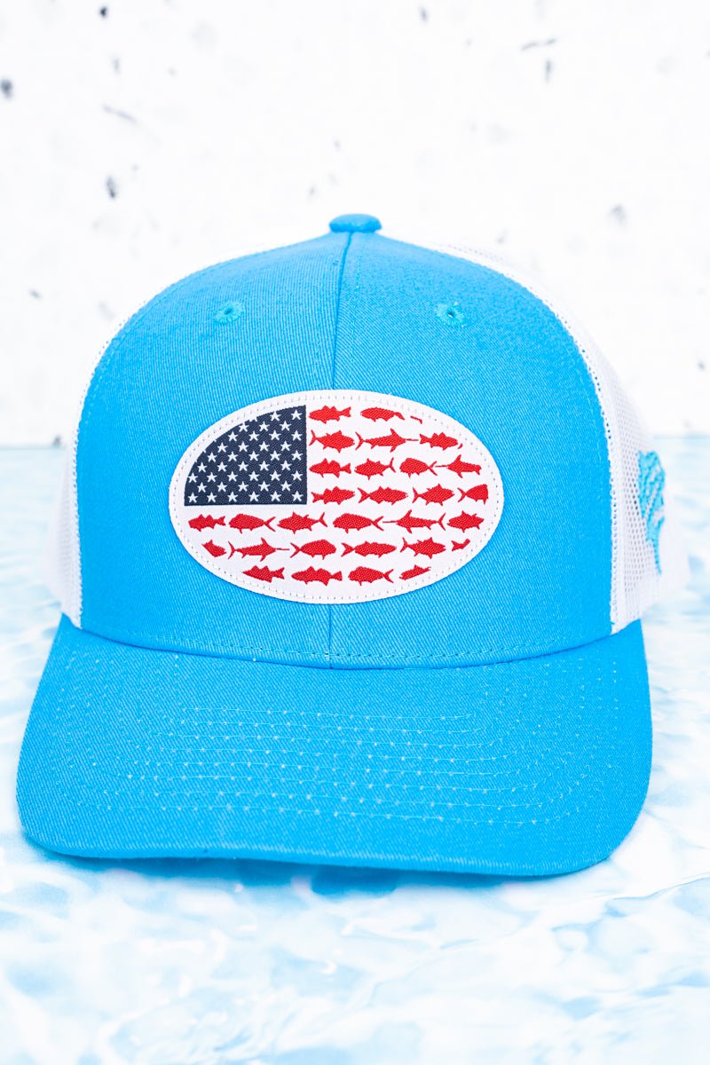 Neon Blue and White USA Fish Flag Mesh Cap | Wholesale Accessory Market