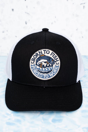 Black and White 'Born To Fish Forced To Work' Mesh Cap - Wholesale Accessory Market