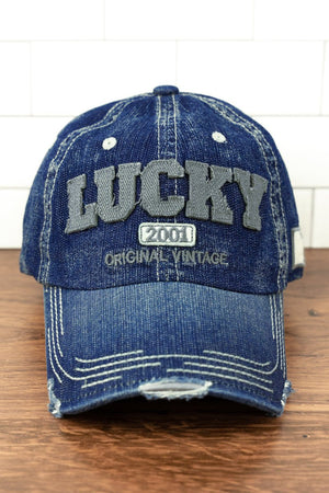 Distressed Medium Wash Denim 'Lucky' Cap - Wholesale Accessory Market