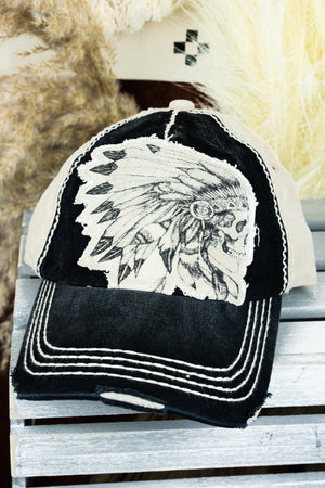 Distressed Black and Khaki Indian Chief Skull Cap - Wholesale Accessory Market