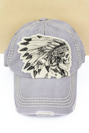 Distressed Light Gray Indian Chief Skull Cap - Wholesale Accessory Market