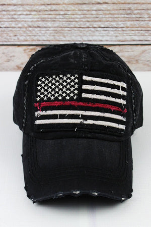Distressed Black Thin Red Line Flag Cap - Wholesale Accessory Market