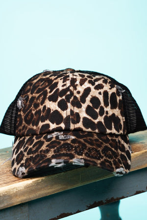 Distressed Leopard Mesh Ponytail Cap - Wholesale Accessory Market