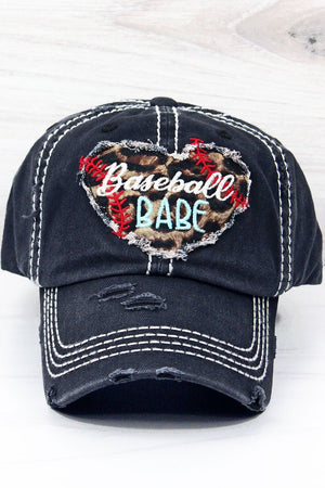 Distressed Black 'Baseball Babe' Leopard Heart Cap - Wholesale Accessory Market
