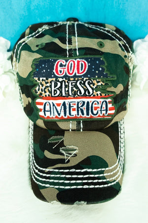 Distressed Camo 'God Bless America' Cap - Wholesale Accessory Market