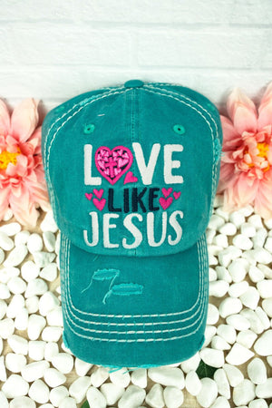 Distressed Turquoise 'Love Like Jesus' Cap - Wholesale Accessory Market