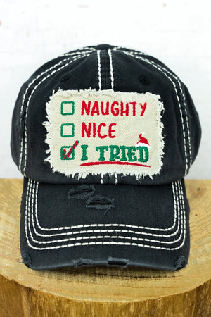 Distressed Black 'Naughty, Nice, I Tried' Cap - Wholesale Accessory Market